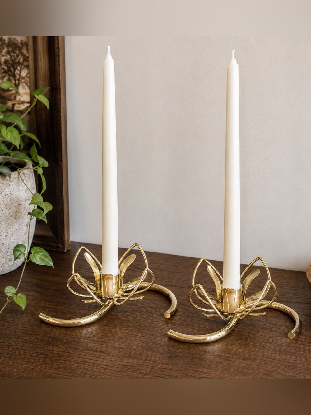 Brass Lotus Taper Candle Holders - Set of 2